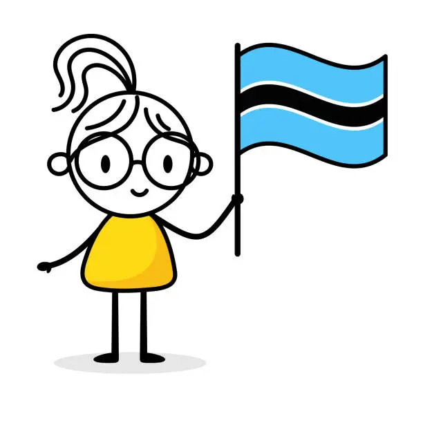 Vector illustration of Woman holding flag of Botswana isolated on white background. Hand drawn doodle line art man. Concept of country. Vector stock illustration