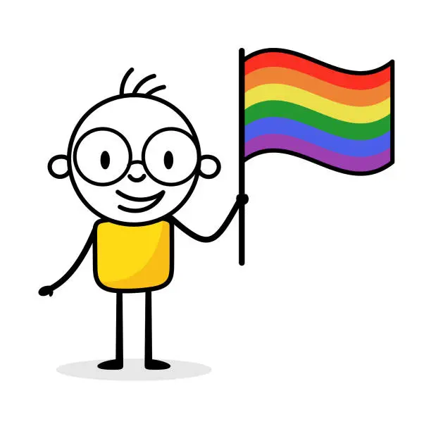 Vector illustration of Man holding flag of homosexuality isolated on white background. Hand drawn doodle line art man. Concept of LGBT. Vector stock illustration