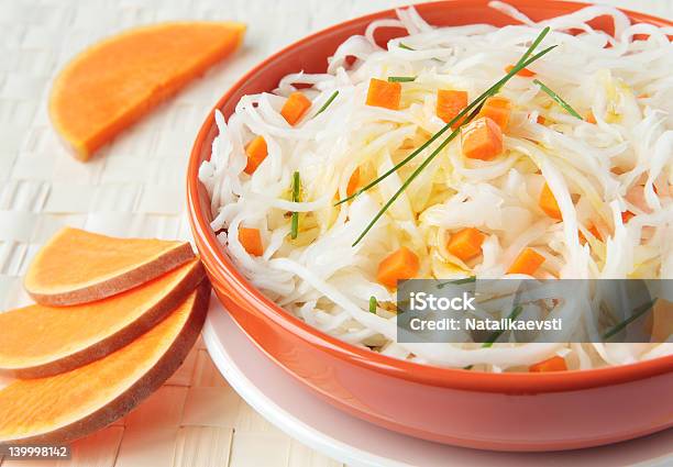 Sauerkraut Salad With Chunks Of Pumpkin And Chives Stock Photo - Download Image Now - Block Shape, Bowl, Cabbage