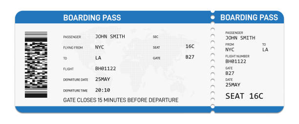 ilustrações de stock, clip art, desenhos animados e ícones de realistic airline boarding pass. boarding pass template. - vector blue airport arrival departure board