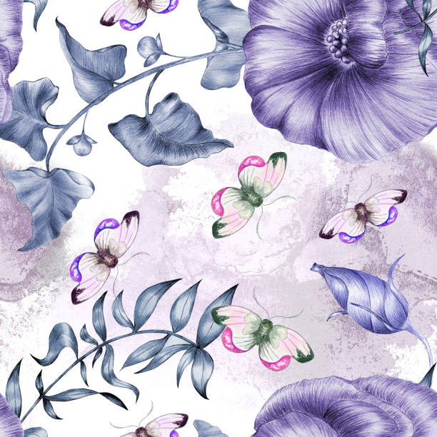 Watercolor seamless pattern of butterfly. Hand drawn watercolor  seamless pattern of bright colorful realistic butterflies,splashes and flowers . Mixed media art. london fashion stock illustrations