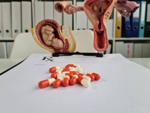 píldoras medicinales bebé feto y útero en primer plano de la mesa - anti sex fotografías e imágenes de stock