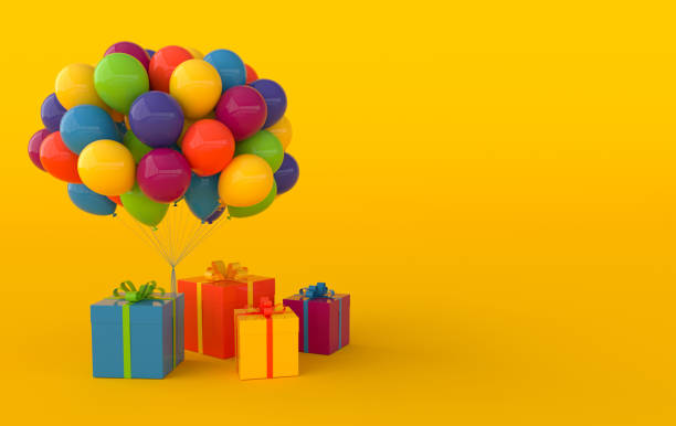 istock 3d render illustration of realistic colorful balloons and gift box with bow. background. Empty space for party, promotion social media banners, posters. 1399981899