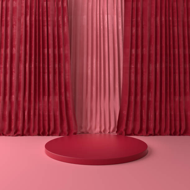 istock Movie theater dramatic curtains on stage, classic drapery template 3d render illustration. Circus and standup scene interior 1399981905