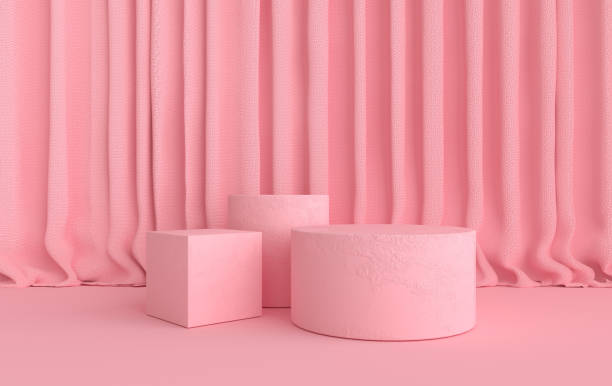 istock 3d rendered interior with geometric shapes, podium on the floor, curtains. Platforms for product presentation, mock up background. 1399981906