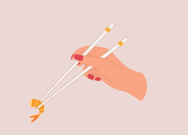 ilustrações, clipart, desenhos animados e ícones de mão feminina segurando pauzinhos com camarão sem cabeça cozido. - chopsticks human hand women isolated