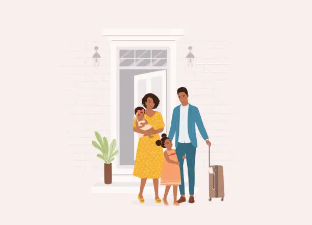 Vector illustration of Happy Black Father Coming Home From Business Trip.