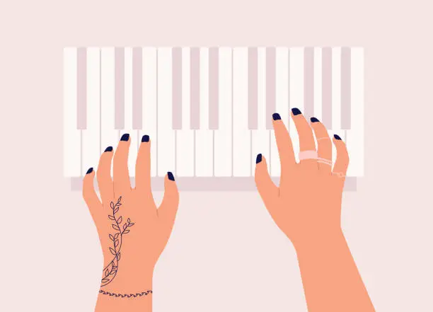 Vector illustration of Female’s Hand With Tattoo Playing Piano.