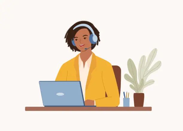 Vector illustration of Black Woman Customer Support Representative.