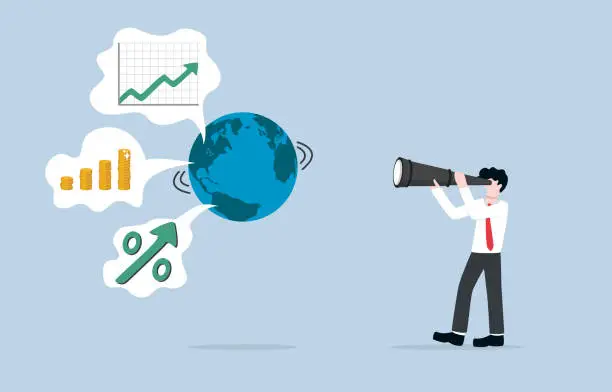 Vector illustration of Growth business possibility, international business expansion or seeking opportunity for oversea investment concept. Visionary businessman searching into earth for future business through telescope.