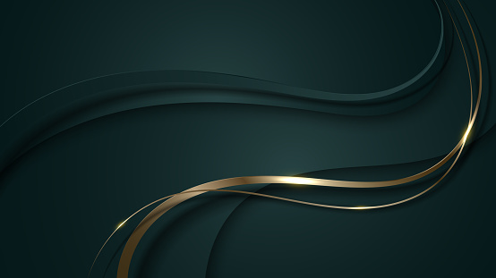 Abstract 3D luxury green color wave lines with shiny golden curved line decoration and glitter lighting on gradient dark background. Vector illustration