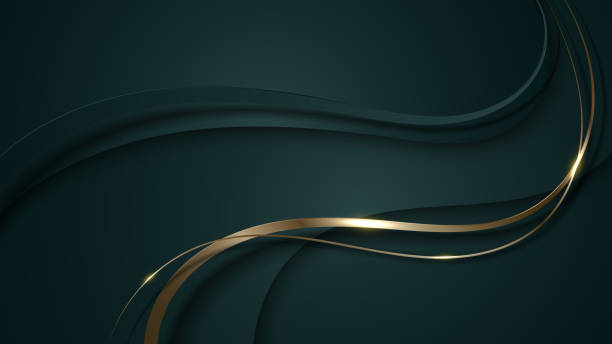 Abstract 3D luxury green color wave lines with shiny golden curved line decoration and glitter lighting on gradient dark background Abstract 3D luxury green color wave lines with shiny golden curved line decoration and glitter lighting on gradient dark background. Vector illustration ribbon flow stock illustrations