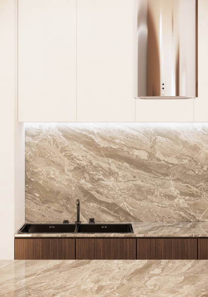 istock modern japandi style kitchen interior design with marble table. modern apartment ideas. 3D rendering vertical background 1399992878