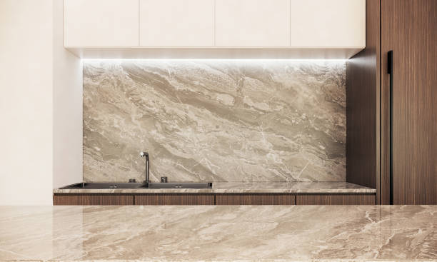 istock modern japandi style kitchen interior design with marble table. modern apartment ideas. 3D rendering 1399992879