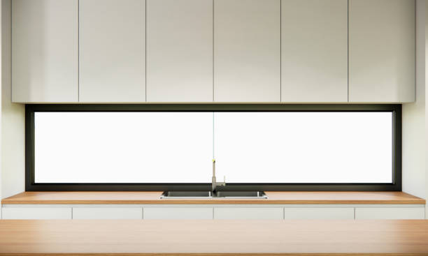 istock Japandi styles apartment room, modern white kitchen interior with wooden table, 3D rendering 1399992889