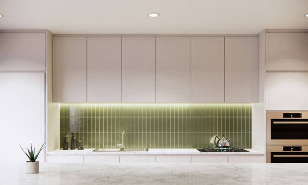 istock modern white kitchen style, room interior design with close-up marble table. modern apartment ideas. 3D rendering 1399992956