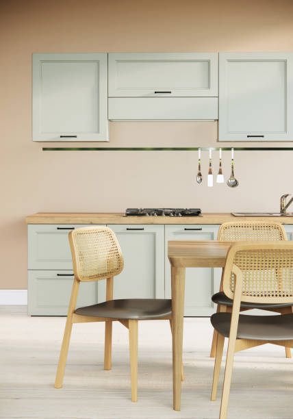 istock interior of modern japandi kitchen and dining room, comtemporary apartment ideas, vertical background 3d rendering 1399992957