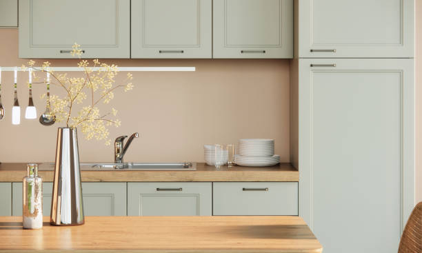 modern japandi kitchen and dining room interior design, wooden table close-up, comtemporary apartment ideas, 3d rendering