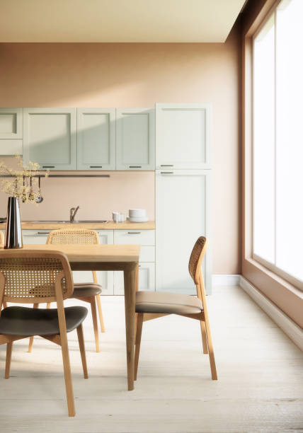 istock modern japandi kitchen and dining room interior, comtemporary apartment ideas, vertical background 3d rendering 1399992971