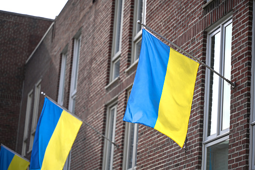 Ukrainian flags hanged outside to show support
