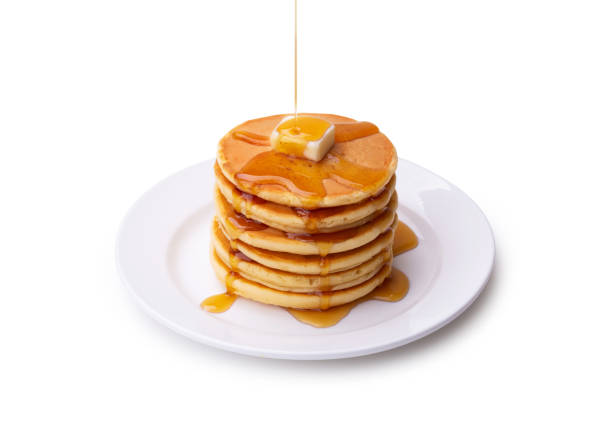 Pancakes Pancakes with syrup and butter . clipping path. pancake stock pictures, royalty-free photos & images