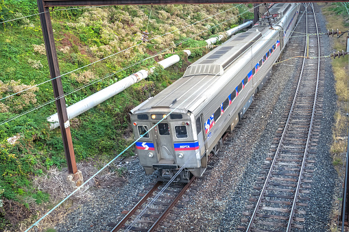 Septa train of Philadelphia city, on the rails in motion. Taken 10/25/2021