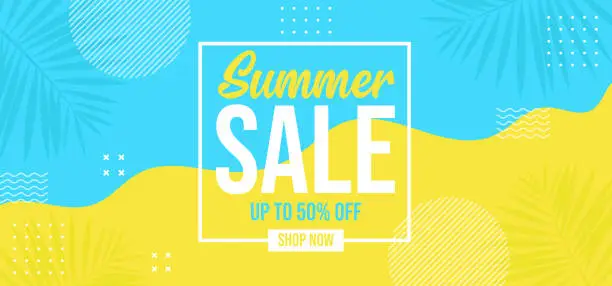 Vector illustration of Summer sale template banner with fluid liquid elements, tropical leaves and bubble forms for flyer, invitation, poster, website or greeting card