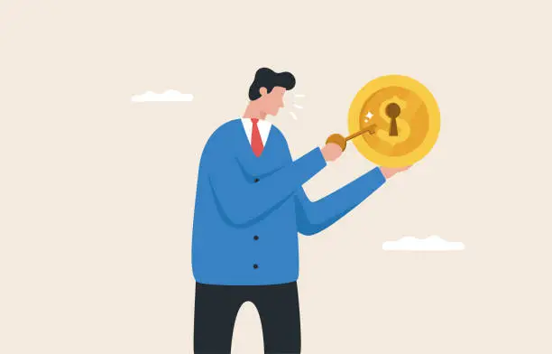 Vector illustration of Financial key success, Unlock personal achievements. Unlock Income, Investment Profit, Salary, Bonus. Investors hold golden keys to unlock gigantic dollar coins in  hands.