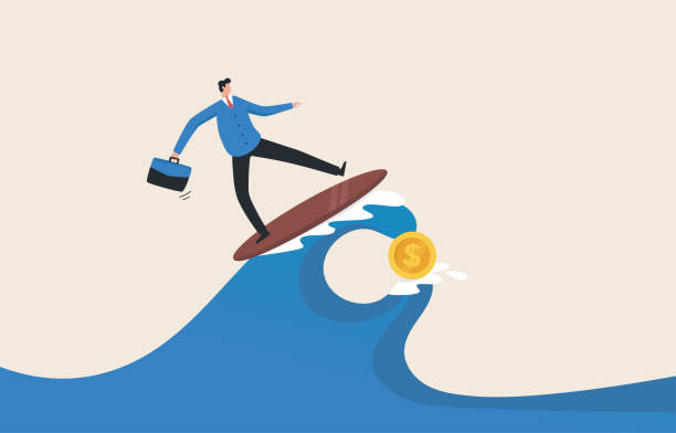 Investment challenges. Business or career challenges. Confronting the peak of the profit point.Stock market, crypto currency market. Investment risk. businessman surfing giant waves. Investment challenges. Business or career challenges. Confronting the peak of the profit point."nStock market, crypto currency market. Investment risk. businessman surfing giant waves. volatile stock illustrations