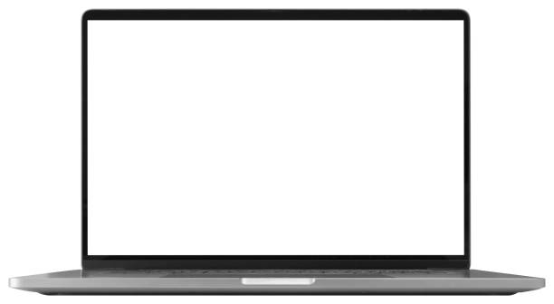 laptop mit unbelegten schirm isoliert auf weißem hintergrund - sportschutzbekleidung stock-fotos und bilder
