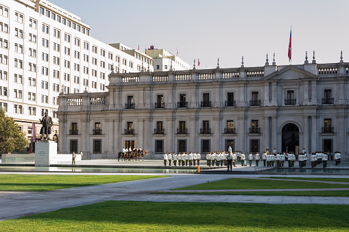 Santiago, Chile – November 13, 2012 – Architectural detail of the Palacio de La Moneda (Palace of the Mint), seat of the President of the Republic of Chile during a changing of the guard ceremony