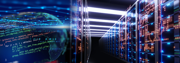 3D illustration banner  of server room in data center full of telecommunication equipment,concept of big data storage and  cloud hosting technology