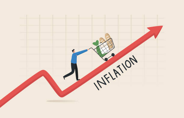 ilustraciones, imágenes clip art, dibujos animados e iconos de stock de la inflación de los alimentos y los precios aumenta después de las ideas de crecimiento del valor monetario los problemas financieros y el pronóstico del mercado caen en riesgo de crisis. el joven empujó el carrito de la compra a lo largo de la tabla d - inflation