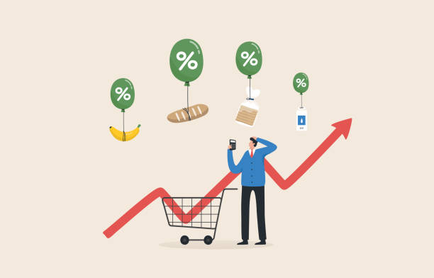 food inflation, consumer price index or cpi. prices of commodities and consumer goods rose due to rising inflation. consumer goods float with air balloons. - inflation stock illustrations