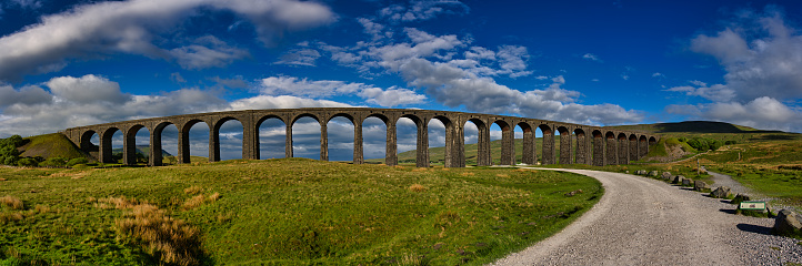 Arches of famous Victorian architecture with lens distortion in Yorkshire Dales landscape