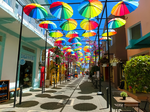 Puerto Plata, Dominican Republic - May 4, 2022: Street Umbrellas in Puerto Plata, Dominican Republic