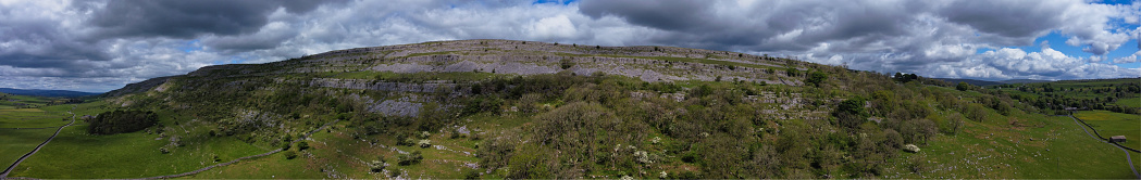 Drone point of view of glacial rock deposit known as Twistleton Scar