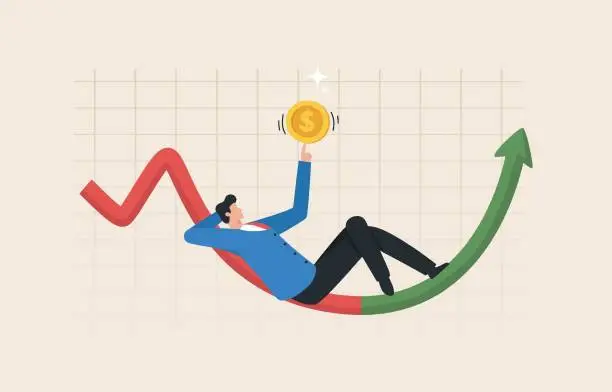 Vector illustration of A successful investment. An opportunity to buy or invest in the stock market.
Make money trading cryptocurrencies or mutual funds. Businessman investor lie down wait profit on growing graph.