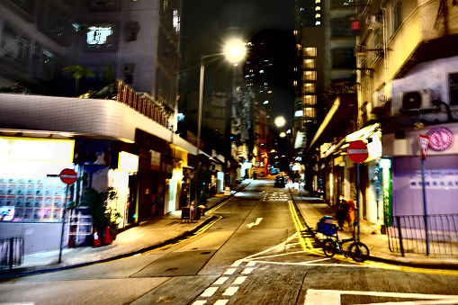 Street in Sai Ying Pun residential area by night, Western District, in the northwestern part of Hong Kong Island.