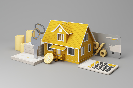 Real estate property investment or insurance. Home mortgage loan rate. Saving money for retirement concept. Coin stack on banknotes with yellow house model, homes key and cartoon hand. 3d rendering