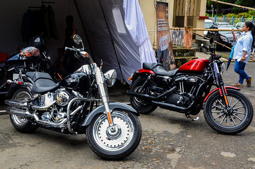 Shillong, India - October 05, 2012: Harley-Davidson motorbikes in display for fans and visitors. Sporty harley davidson bikes in the exhibition of motorcycles.