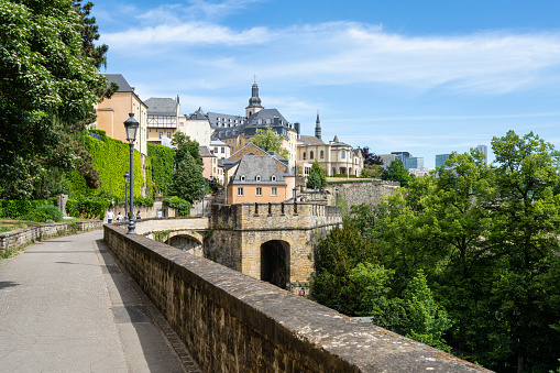 Luxembourg city, May 2022.  view of the Chemin de la Corniche, a scenic route on the old city center walls