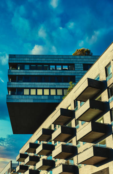 Closeup modern apartment building against blue sky, background with copy space, full frame horizontal composition, Broadbeach, Gold Coast Queensland