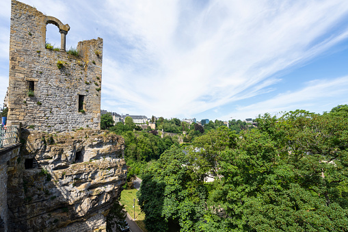 Luxembourg city, May 2022.  Dent Creuse ancient tower in the city center