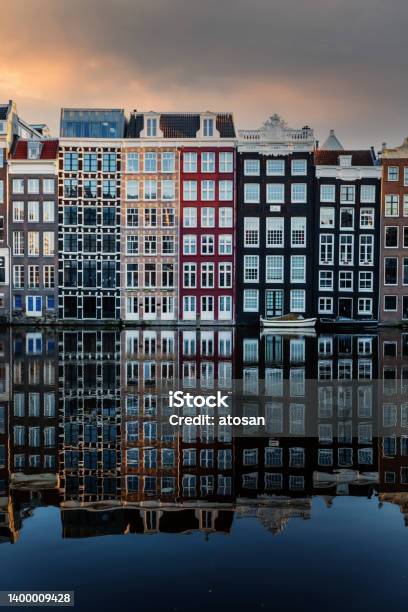 Amsterdam City Scene Typical Dutch Houses And Their Reflection In The Canal Stock Photo - Download Image Now