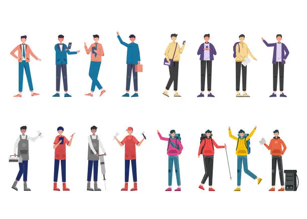 Vector illustration of Bundle of 4 character sets, 16 poses of various professions, lifestyles