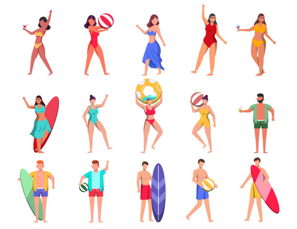 ilustraciones, imágenes clip art, dibujos animados e iconos de stock de paquete de personaje femenino 3 sets, 15 poses de mujer en traje de baño con equipo - swimming trunks bikini swimwear red