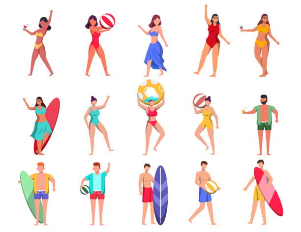 Bundle of woman character 3 sets, 15 poses of female in swimming suit with gear A bundle of 15 female characters in bathing suits and poses with assets in a white background. vector illustration flat design throwing in the towel illustrations stock illustrations