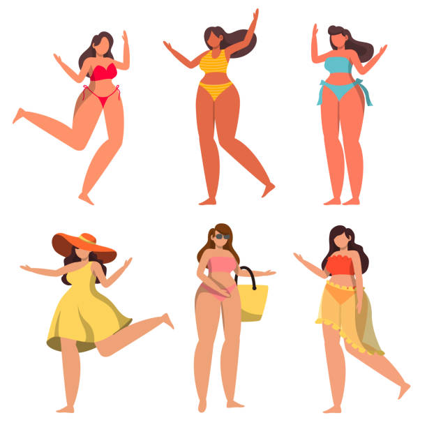 pakiet postaci kobiecej 1 zestaw, 6 póz kobiety w stroju kąpielowym ze sprzętem - body concious stock illustrations