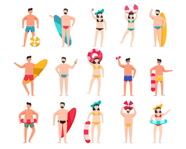Bundle of man and woman character 3 sets, 15 poses of female in swimming suit with gear A bundle of 15 male and female characters in bathing suits and poses with assets in a white background. vector illustration flat design throwing in the towel illustrations stock illustrations